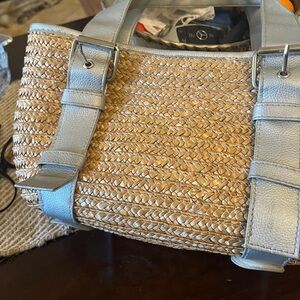 Elegant Woven Tan and Silver Tote Bag